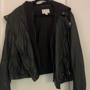 Caslon leather jacket with zip/button in hoodie